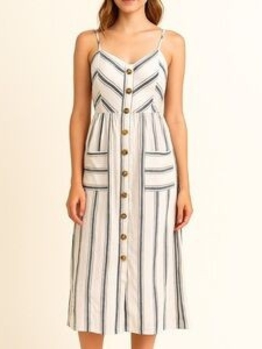 Striped Button-Front Midi Dress with Pockets in Cream and Navy